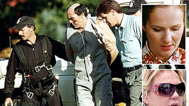 Clockwise from above: police arrest Gibb after his prison break, prison-guard lover Heather Parker, and partner Nicole Keating.