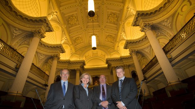 Crossbench MPs (from left) James Purcell, Fiona Patten, Jeff Bourman and Daniel Young.