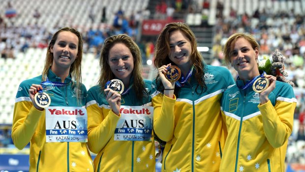 Proven record: Emma McKeon, Emily Seebohm, Cate Campbell and Bronte Campbell pose with their medals after winning the 4x100m freestyle relay at the 2015 World Championships.
