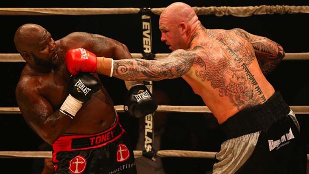 Lucas Browne throws a punch at James Toney during the WBC Super Heavyweight bout on Sunday.