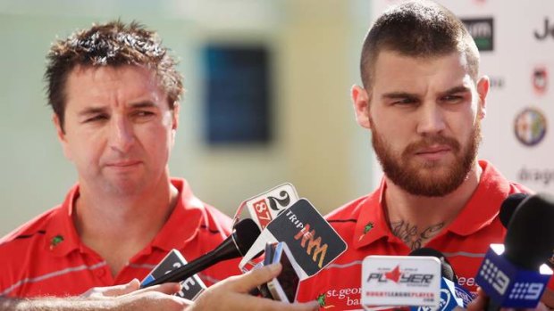 New Dragons signing Josh Dugan at a press conference with coach Steve Price.