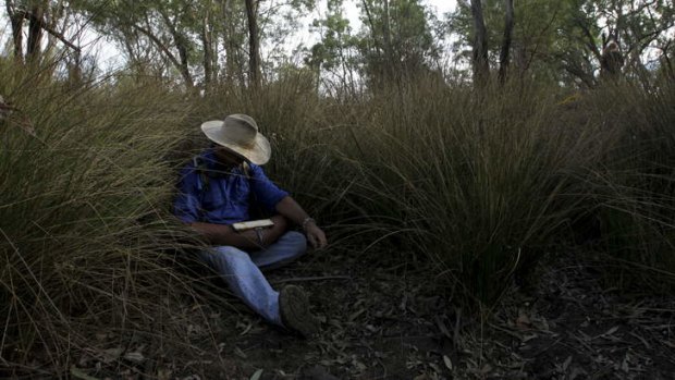 In waiting: Grazier and protester Ted Borowski lies in a dry creek bed ready to disrupt drilling operations in the Pilliga forest by locking himself to a truck.