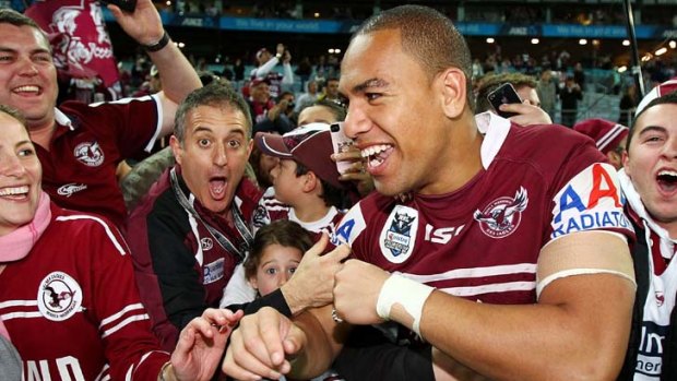 Final bow ... Will Hopoate celebrates with Manly fans after he played a starring role as the Sea Eagles secured the 2011 premiership.