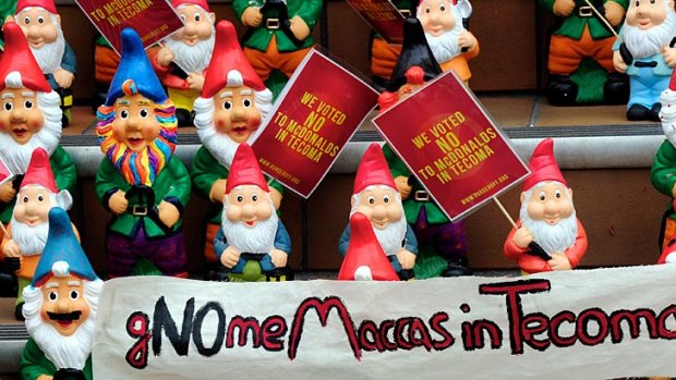 'McDonald’s has refused to listen to humans, so the gnomes have taken over to state their opposition.'