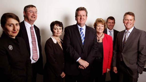 The A Team ... Coalition frontbenchers, from left, Gladys Berejiklian (transport), Greg Smith (justice), Pru Goward (community services), Barry O'Farrell, Jillian Skinner (health), Mike Baird (treasury) and Andrew Stoner are heeding the advice of former opposition leader Peter Collins and getting ready to "roll out a solid policy program, real deliverables".