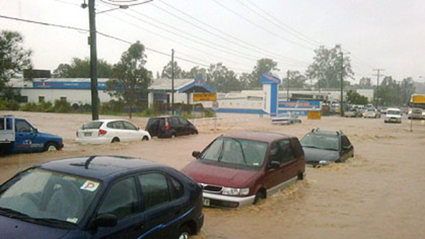 A flooded street in Goodna near Ipswich. Photo: Paul Tully