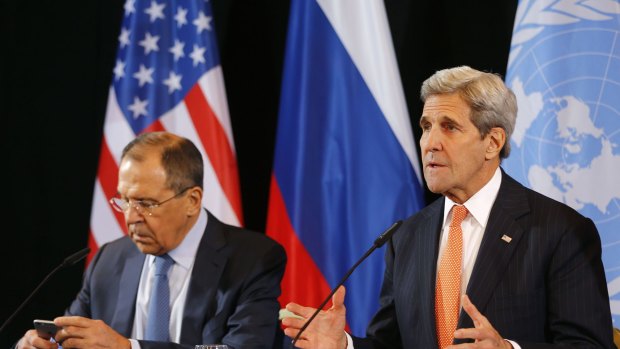 US Secretary of State John Kerry, right, and Russian Foreign Minister Sergey Lavrov at a news conference after the International Syria Support Group meeting in Munich on Friday. 