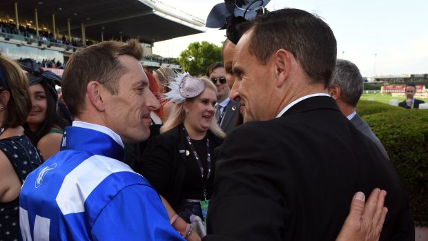 One of many highlights: Jockey Bowman with Chris Waller after Winx won the Cox Plate.