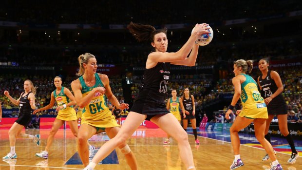 SYDNEY, AUSTRALIA - AUGUST 16:  Bailey Mes of New Zealand catches the ball during the 2015 Netball World Cup Gold Medal match between Australia and New Zealand at Allphones Arena on August 16, 2015 in Sydney, Australia.  (Photo by Matt King/Getty Images)