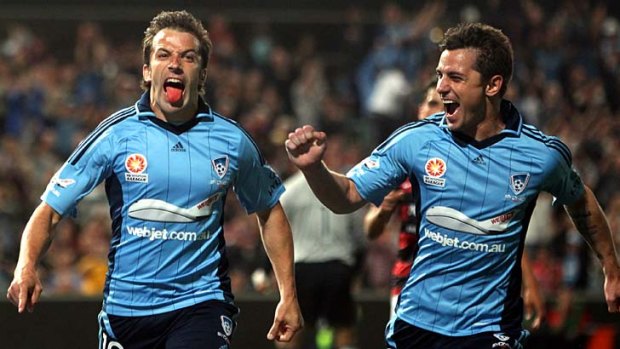 Hit ... Alessandro Del Piero (L) scores for Sydney FC.
