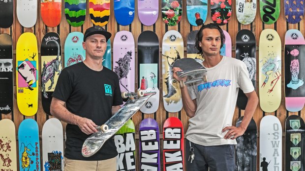 Trent Bonham (left) and Julian Lee advocate the career options that exist in the world of skateboarding from their shop at Queensland's Mermaid Beach.