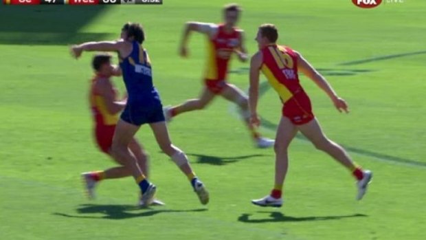 West Coast's Josh Kennedy was reported for this clash with Gold Coast's David Swallow.