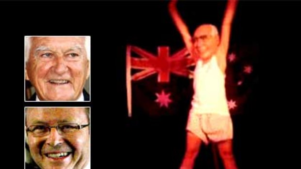 A YouTube still of a John Howard burlesque impersonator from 2007. Inset: Bob Hawke and Kevin Rudd and last night's party.