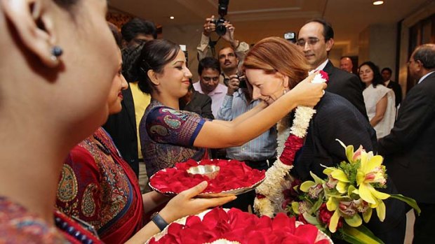 Julia Gillard arriving in New Delhi for her first Indian visit as Prime Minister.