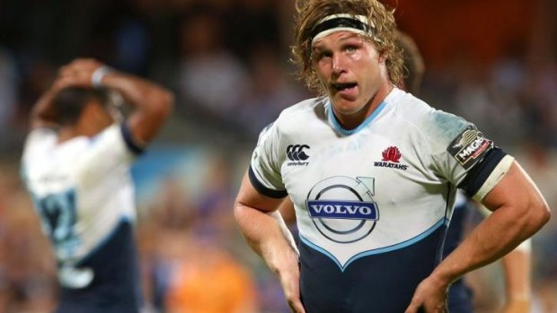 Waratahs forward Michael Hooper looks perplexed after a Force try in Perth on Saturday night.