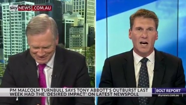 Andrew Bolt laughs as Conservative Senator Cory Bernardi attacks cabinet minister Christopher Pyne.