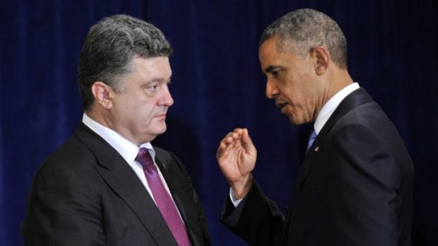 Support ... US President Barack Obama, right, meets with Ukraine president-elect Petro Poroshenko in Warsaw, Poland.