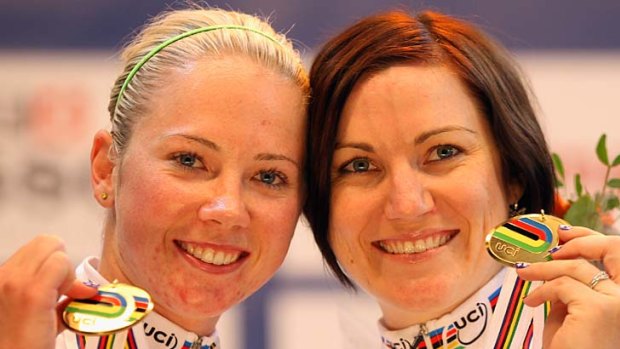 Kaarle McCulloch and Anna Meares stand on the podium after winning the Women's Team Sprint on day two of the UCI Track World Championship in Apeldoorn, Netherlands.