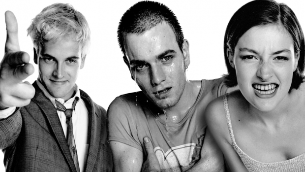 Miller as Sick Boy, left, with Ewan McGregor and Kelly Macdonald in the original <i>Trainspotting</i>. 