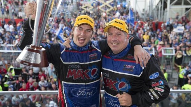 Chaz Mostert and Paul Morris of Ford Performance Racing celebrate winning the Bathurst 1000.