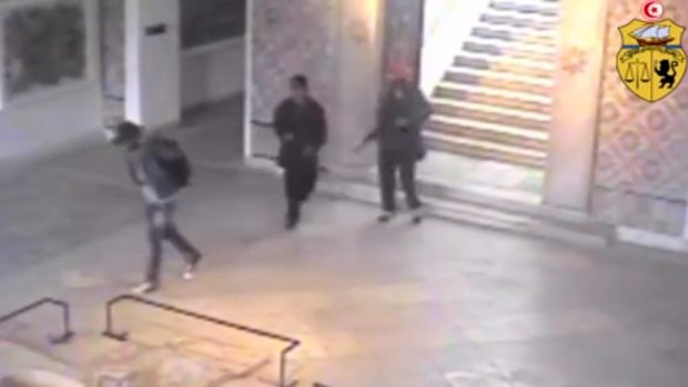 A video released by Tunisia's Interior Ministry shows the gunmen walking through the National Bardo museum during the attack that killed 21 people.