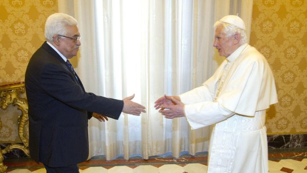 Pope Benedict XVI, right, welcomes Palestinian president Mahmoud Abbas at the Vatican in December.