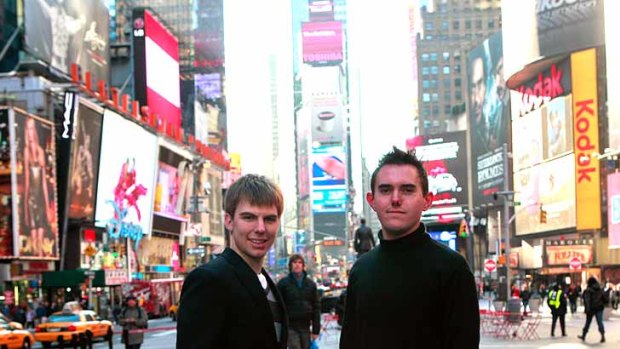 Nathan Hoad and Mark Cracknell, partners in the start-up website Kondoot, pictured in New York's Times Square.