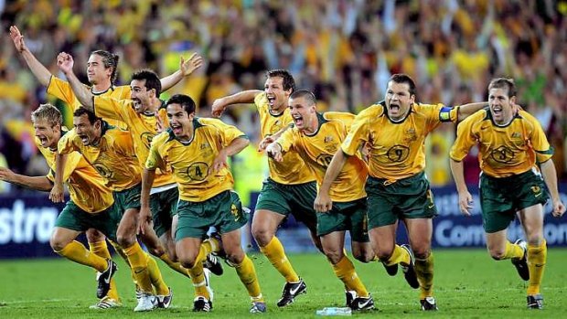 Heartbreak over: The Socceroos celebrate qualifying for the 2006 World Cup after John Aloisi slotted home the winning penalty.