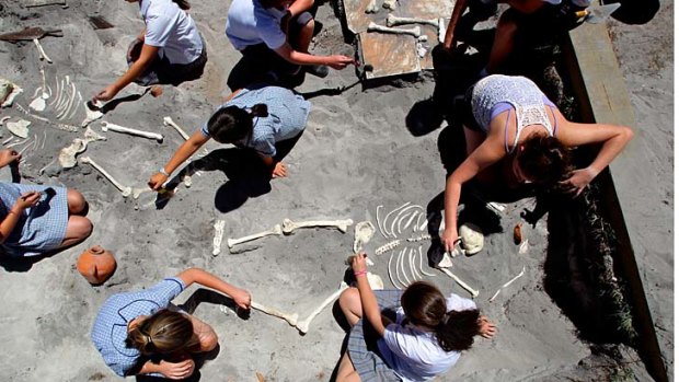 Brush with death &#8230; students excavate ''bones'' and artefacts in a replica Minoan temple.