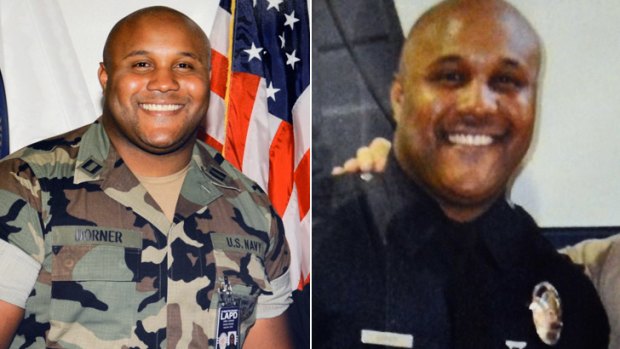Suspect Christopher Jordan Dorner in his Navy reservist uniform, left, and before losing his job as an LA police officer.