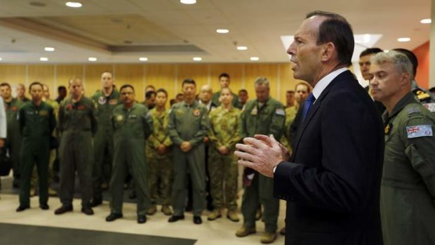 Prime Minister Tony Abbott addresses the international forces currently based in Perth searching for Malaysia Airlines flight MH370.