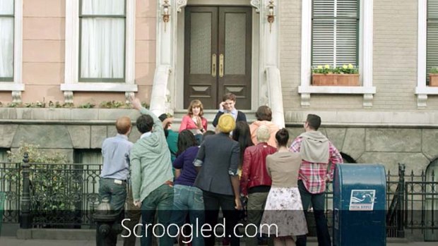 Scroogled: A scene from the latest in a series of scathing Microsoft ads against Google. 
