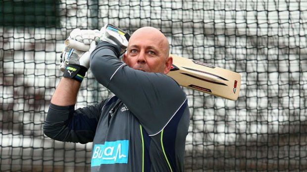 Going the tonk ... Darren Lehmann bats in the nets during a training session at The County Ground.