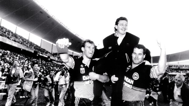Premiership success: Phil Gould is jubilant after guiding the Panthers to the title in 1991.