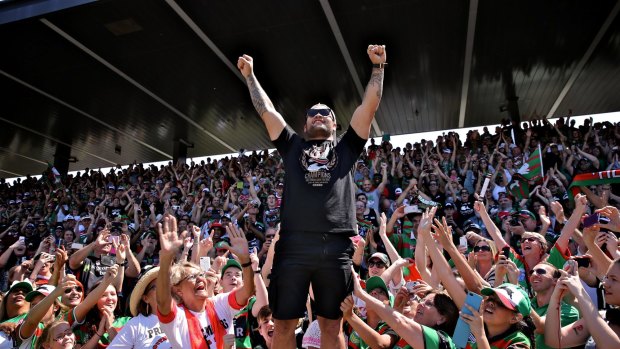 Fan favourite: Issac Luke with the fans at the South Sydney grand final celebration.