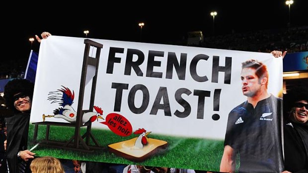 New Zealand fans hold up a banner ahead of the final.