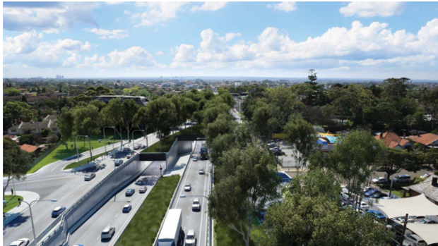 An artist’s impression of the eastern portal at the Parramatta Road interchange, looking west towards the western ventilation stack in the middle distance.