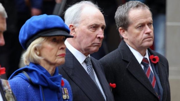 Opposition Leader Bill Shorten at the Remembrance Day Ceremony at the Australian War Memorial with Governor-General Quentin Bryce and former Prime Minister Paul Keating. 