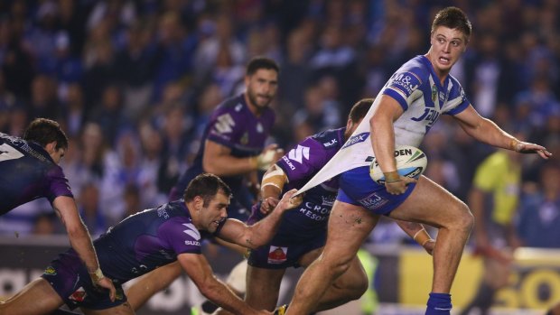 Back at Belmore: Bulldogs forward Shaun Lane makes a break during the round 16 NRL match between Canterbury and the Melbourne Storm at Belmore Sports Ground on June 29.