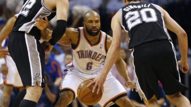Derek Fisher guards Manu Ginobili during the Western Conference finals.
