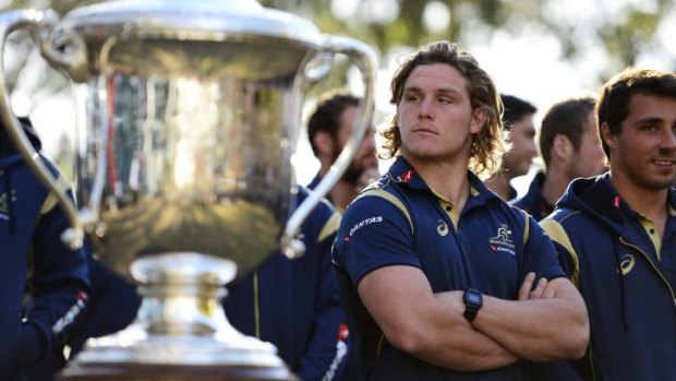 Eye on the prize: Michael Hooper casts a glance towards the Bledisloe Cup in Penrith on Friday.