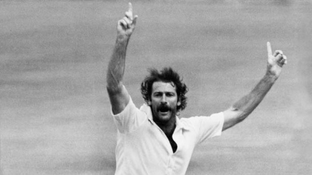 Moustache, pectorals ... fairy wings? Cricketing great Dennis Lillee in action.