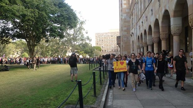University of Queensland Students rally in the St Lucia campus's Great Court.