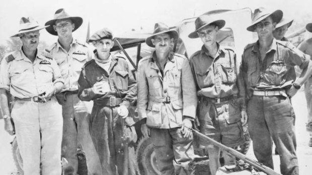 Rescued &#8230; three of the Australian Sandakan death march survivors (from second left) Private Nelson Short, Warrant Officer William H. Sticpewich and Private Keith Botterill, with RAAF Auster pilots.