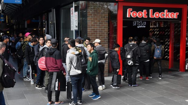 People line up for limited edition runners at the opening of Foot Locker in Bourke St Mall. 