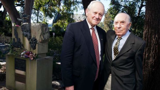 Frank Vajda (left) and Ervin Forrester, who were both saved by Raoul Wallenberg, are shown here in front of a plaque in Woollahra in honour of the Swedish diplomat.