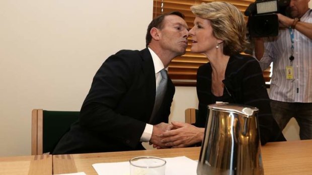 Prime Minister-elect Tony Abbott and Liberal deputy leader Julie Bishop at the Coalition joint party meeting. Ms Bishop could be the only woman in the Abbott Government ministry.