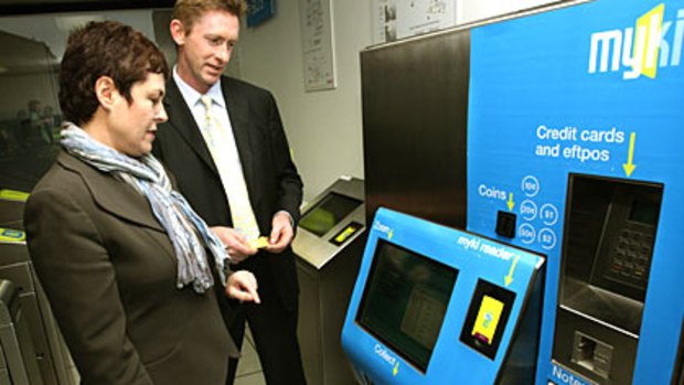 Public Transport Minister Lynne Kosky tests the Myki ticketing system in June last year.