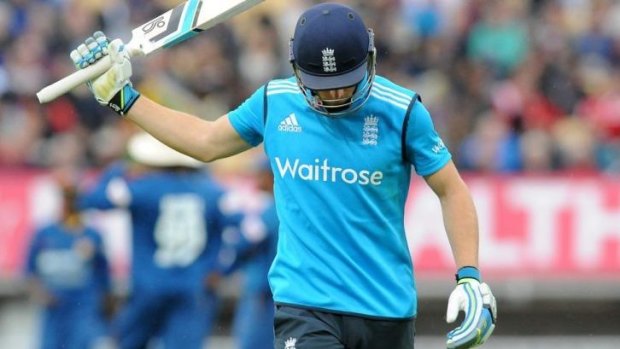 England's Jos Buttler reacts after being run out by Sri Lanka's Sachithra Senanayake.