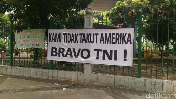 A banner in Jakarta proclaiming 'We are not afraid of America. Bravo National Armed Forces'. It was posted following the US decision to bar General Gatot Nurmantyo from entering the US.